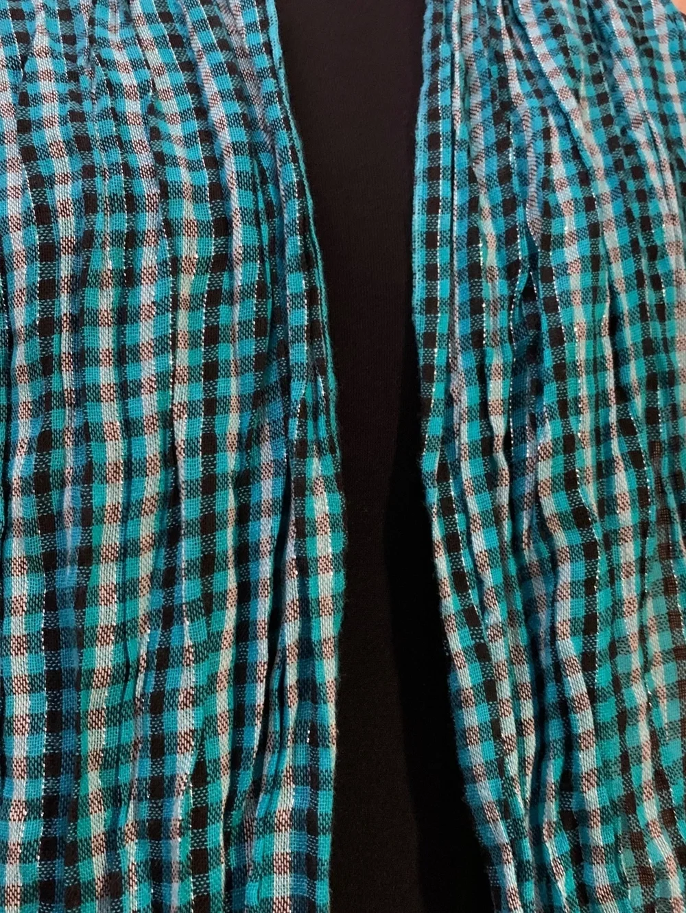 Teal Black Checkered Gingham Plaid Scarf Silver Metallic Stripe Fringe Emo